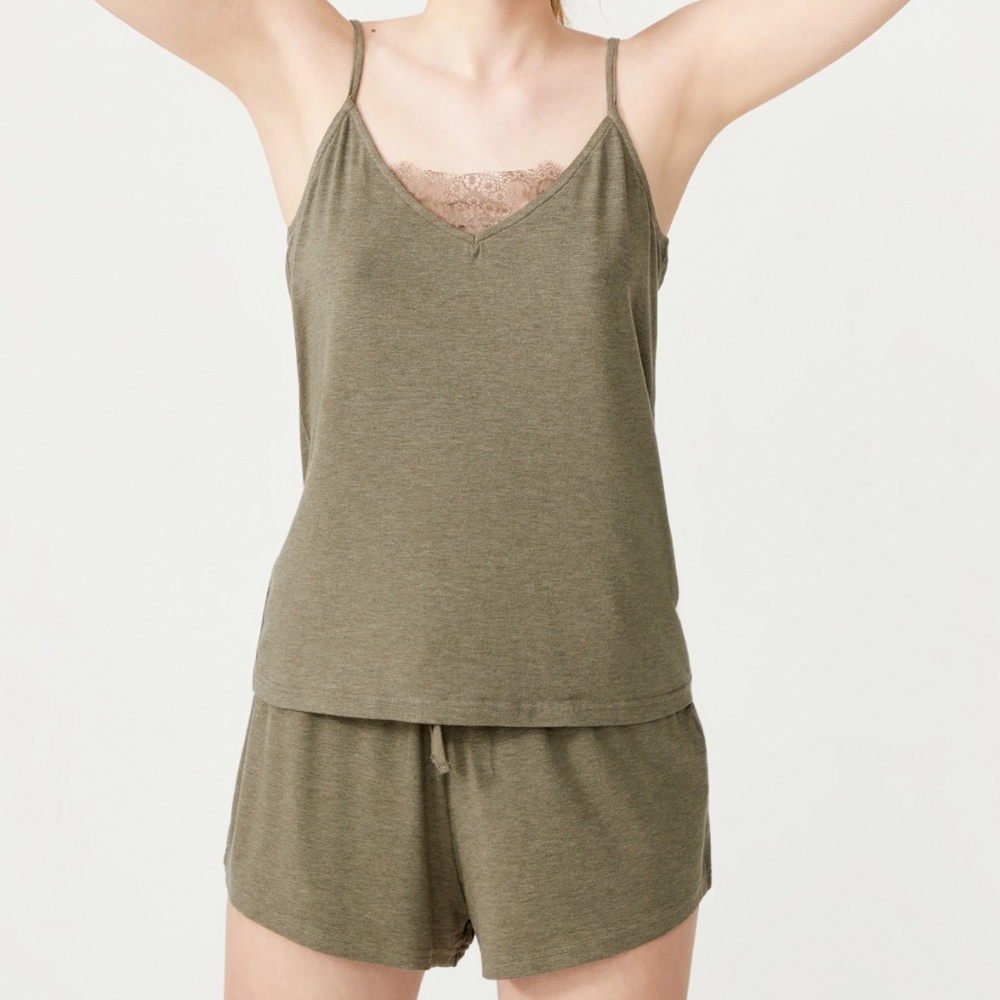 NWT Bamboo Khaki Green Lace Cami Shorts Set , Women Silky Lingerie Pajamas